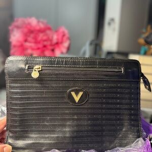 Mario Valentino Black Embossed Clutch with Gold Accents